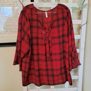 Red and Black Plaid Blouse with Trumpet Sleeves